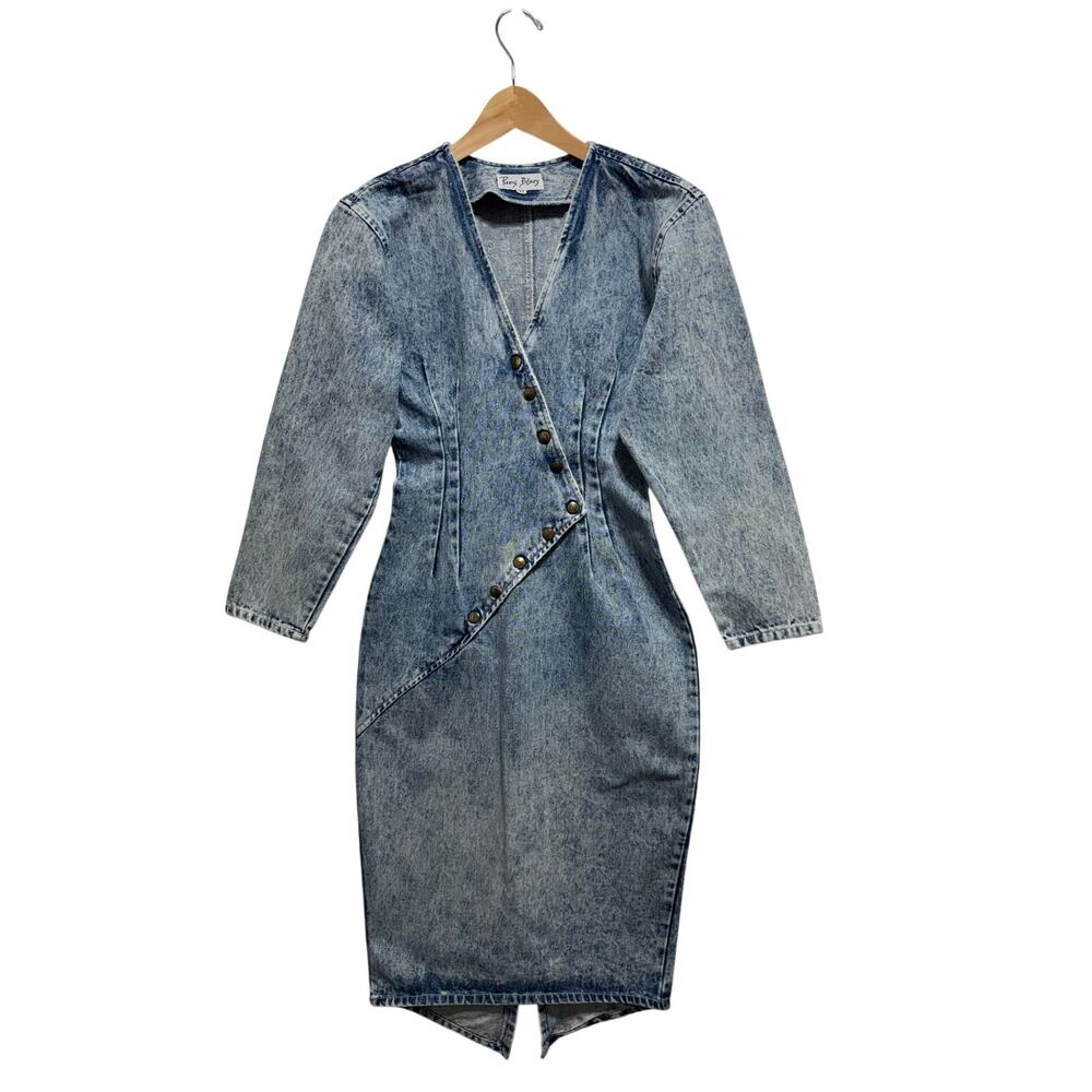 Vintage 80βs Paris Blues Acid Wash Structured Sheath Denim Dress Sz S Front Snap